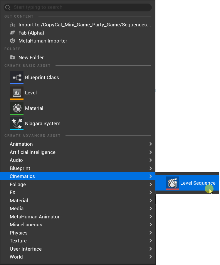 Right-click in the Content Browser and select Cinematic > Level Sequence.
