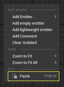 Click next to the first emitter stack in the empty graph area and right-click to open the context menu and select Paste.