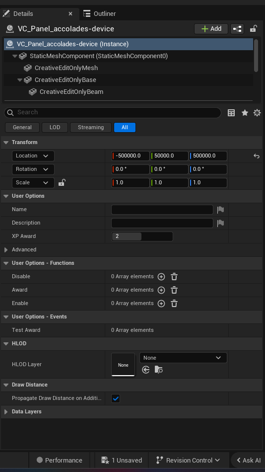 Accolades Device settings and options panel in the UEFN editor — Name, Description, XP Award