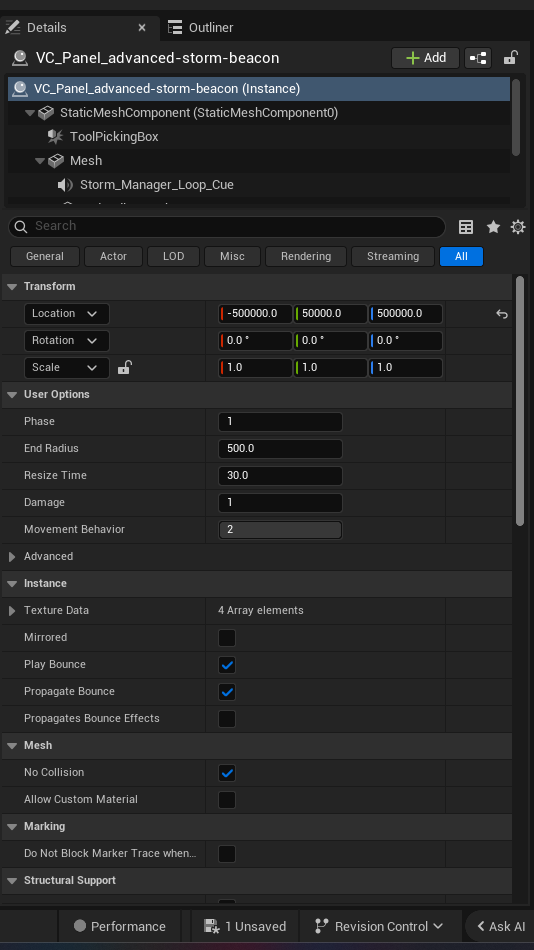 Advanced Storm Beacon Device settings and options panel in the UEFN editor — Phase, End Radius, Resize Time, Damage, Movement Behavior