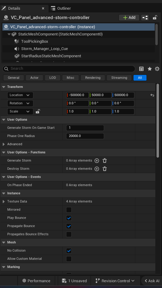 Advanced Storm Controller Device settings and options panel in the UEFN editor — Generate Storm On Game Start, Phase One Radius