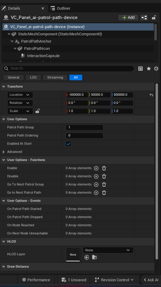 Ai Patrol Path Device settings and options panel in the UEFN editor — Patrol Path Group, Patrol Path Ordering, Enabled At Start