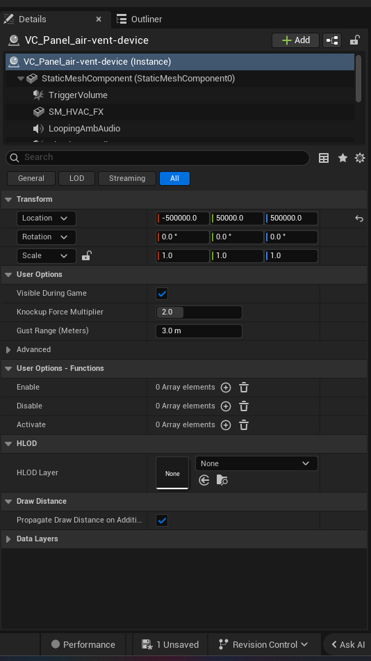 Air Vent Device settings and options panel in the UEFN editor — Visible During Game, Knockup Force Multiplier, Gust Range Meters