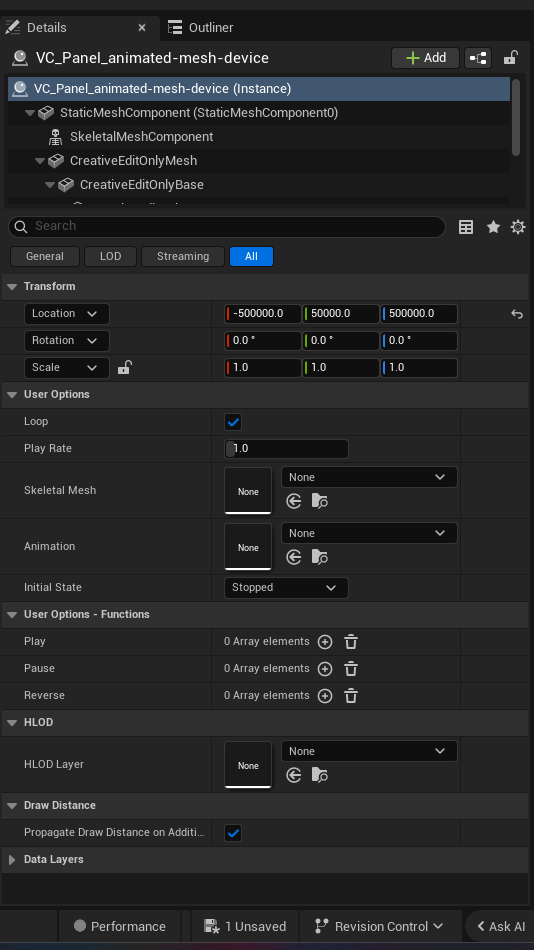 Animated Mesh Device settings and options panel in the UEFN editor — Loop, Play Rate, Skeletal Mesh, Animation, Initial State