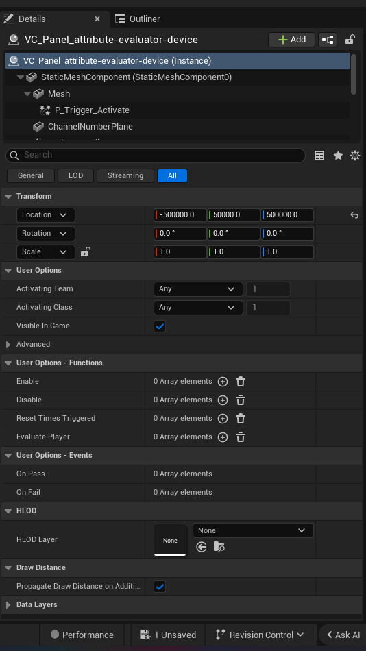 Attribute Evaluator Device settings and options panel in the UEFN editor — Activating Team, Activating Class, Visible In Game