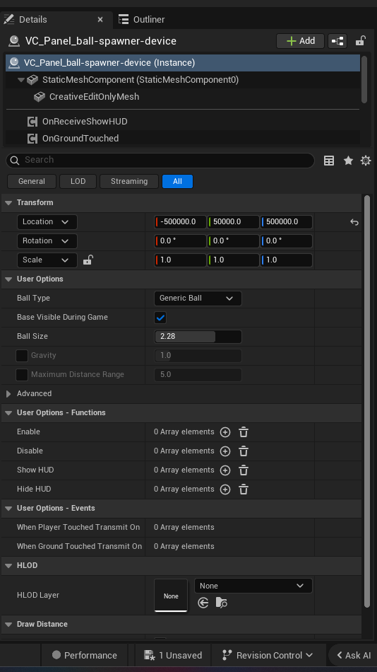 Ball Spawner Device settings and options panel in the UEFN editor — Ball Type, Base Visible During Game, Ball Size, Gravity, Maximum Distance Range