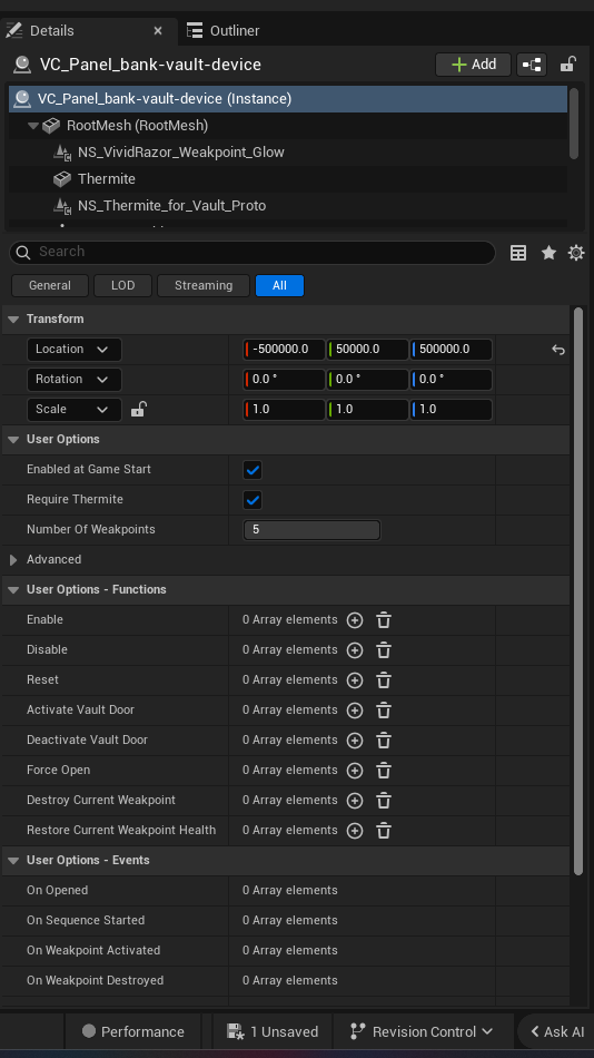 Bank Vault Device settings and options panel in the UEFN editor — Enabled at Game Start, Require Thermite, Number Of Weakpoints