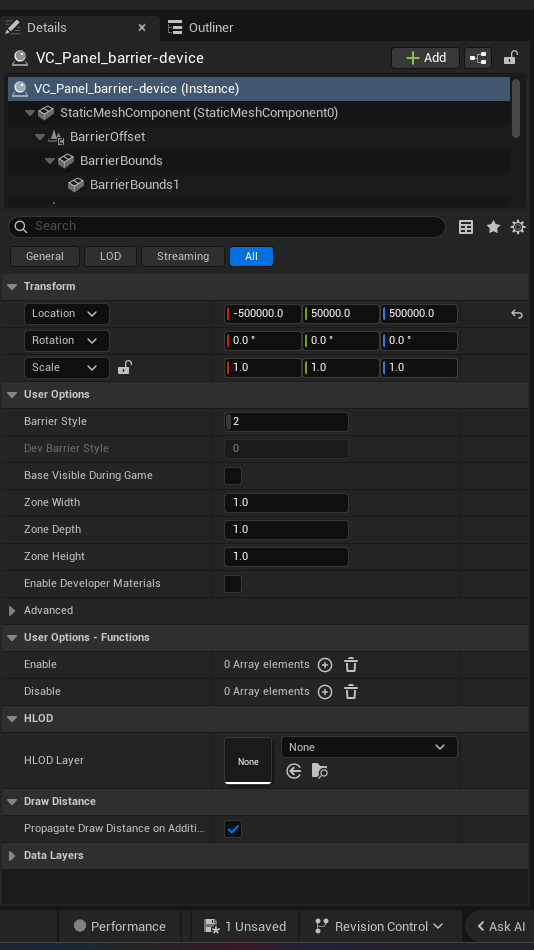 Barrier Device settings and options panel in the UEFN editor — Barrier Style, Dev Barrier Style, Base Visible During Game, Zone Width, Zone Depth, Zone Height, Enable Developer Materials