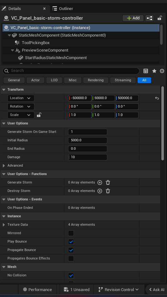 Basic Storm Controller Device settings and options panel in the UEFN editor — Generate Storm On Game Start, Initial Radius, End Radius, Damage, Operat Summ