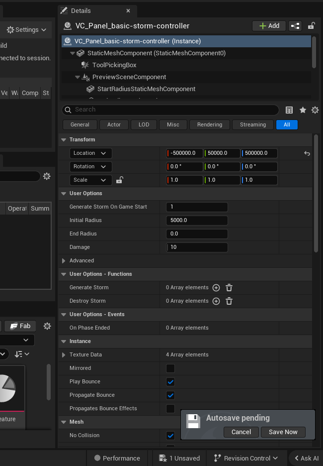 Basic Storm Controller Device settings and options panel in the UEFN editor — Generate Storm On Game Start, Initial Radius, End Radius, Damage, Operat Summ