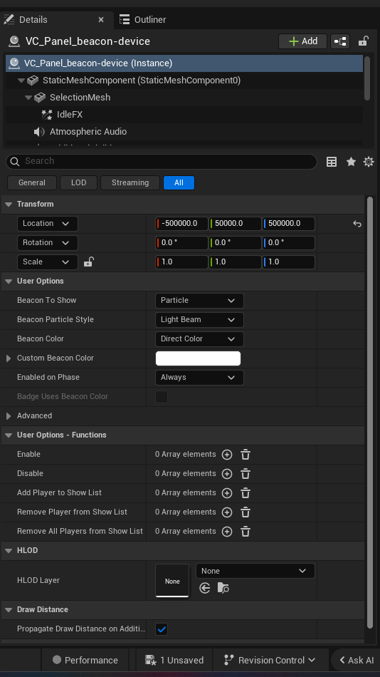 Beacon Device settings and options panel in the UEFN editor — Beacon To Show, Beacon Particle Style, Beacon Color, Custom Beacon Color, Enabled on Phase, Badge Uses Beacon Color