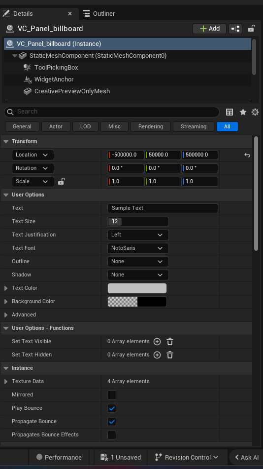 Billboard Device settings and options panel in the UEFN editor — Text, Text Size, Text Justification, Text Font, Outline, Shadow, Text Color, Background Color, Operat Summ