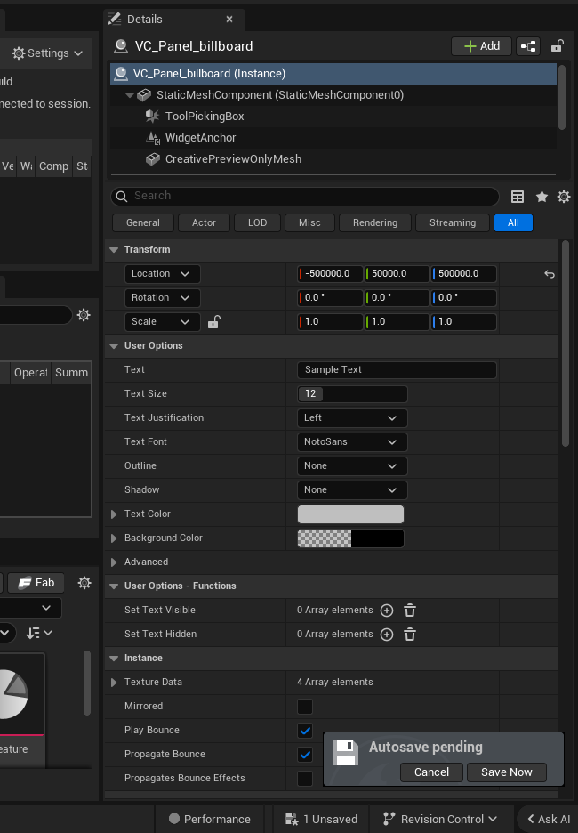 Billboard Device settings and options panel in the UEFN editor — Text, Text Size, Text Justification, Text Font, Outline, Shadow, Text Color, Background Color, Operat Summ