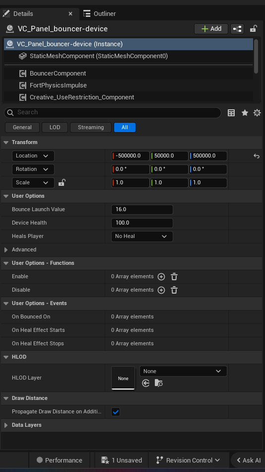 Bouncer Device settings and options panel in the UEFN editor — Bounce Launch Value, Device Health, Heals Player