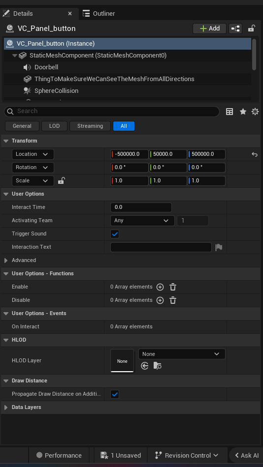Button Device settings and options panel in the UEFN editor — Interact Time, Activating Team, Trigger Sound, Interaction Text