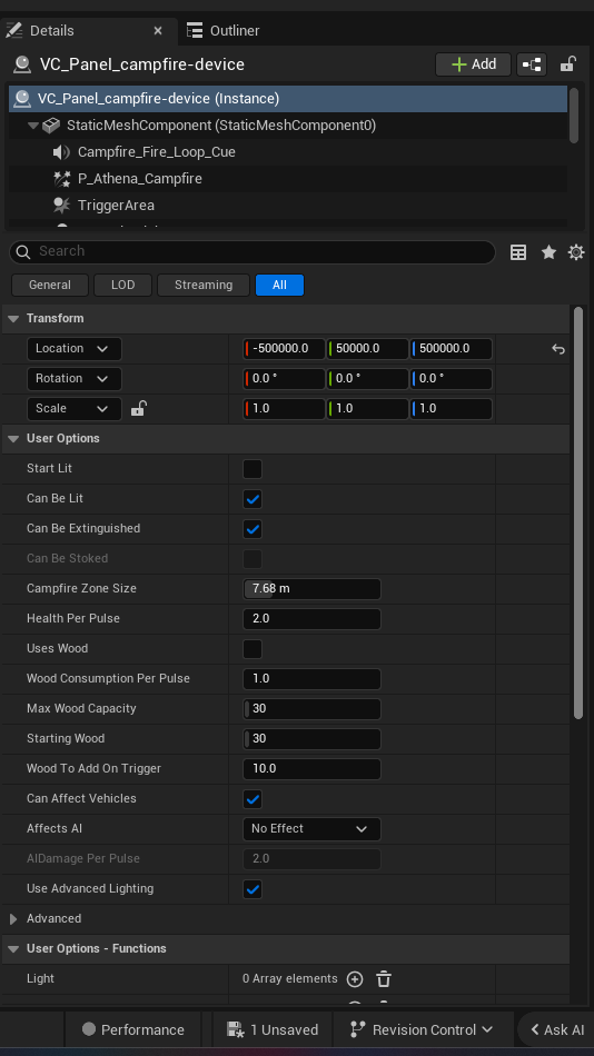 Campfire Device settings and options panel in the UEFN editor — Start Lit, Can Be Lit, Can Be Extinguished, Can Be Stoked, Campfire Zone Size, Health Per Pulse, Uses Wood, Wood Consumption Per Pulse, Max Wood Capacity, Starting Wood, Wood To Add On Trigger, Can Affect Vehicles, Affects Al, AIDamage Per Pulse, Use Advanced Lighting
