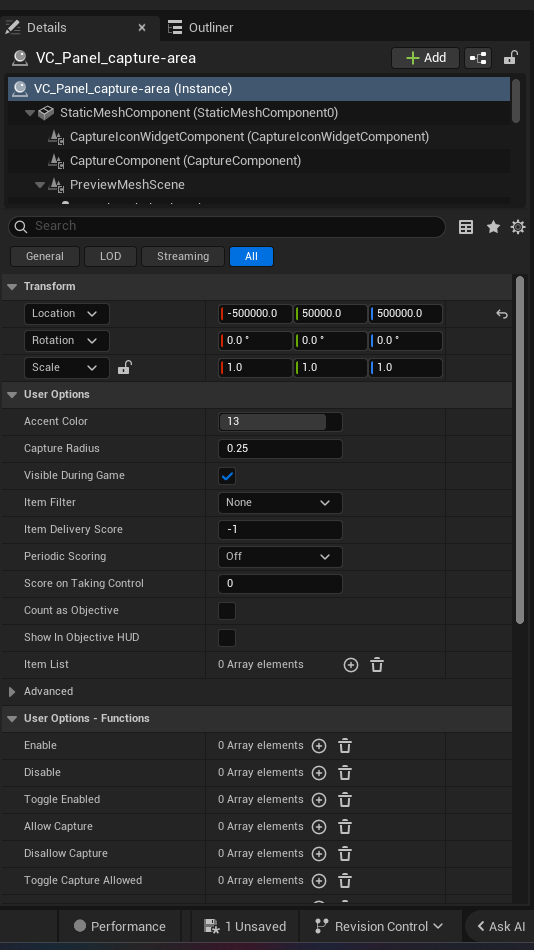 Capture Area Device settings and options panel in the UEFN editor — Accent Color, Capture Radius, Visible During Game, Item Filter, Item Delivery Score, Periodic Scoring, Score on Taking Control, Count as Objective, Show In Objective HUD, Item List