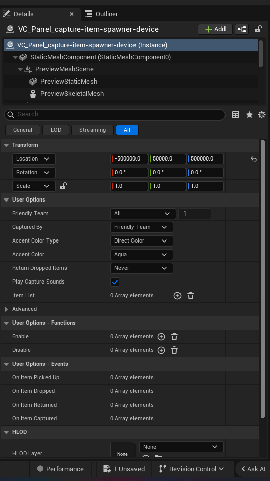 Capture Item Spawner Device settings and options panel in the UEFN editor — Friendly Team, Captured By, Accent Color Type, Accent Color, Return Dropped Items, Play Capture Sounds, Item List