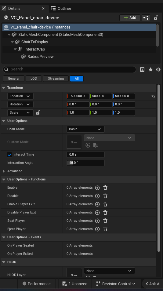 Chair Device settings and options panel in the UEFN editor — Chair Model, Custom Model, Interact Time, Interaction Angle