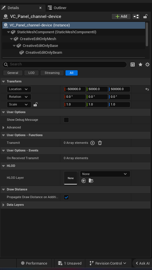 Channel Device settings and options panel in the UEFN editor — Show Debug Message