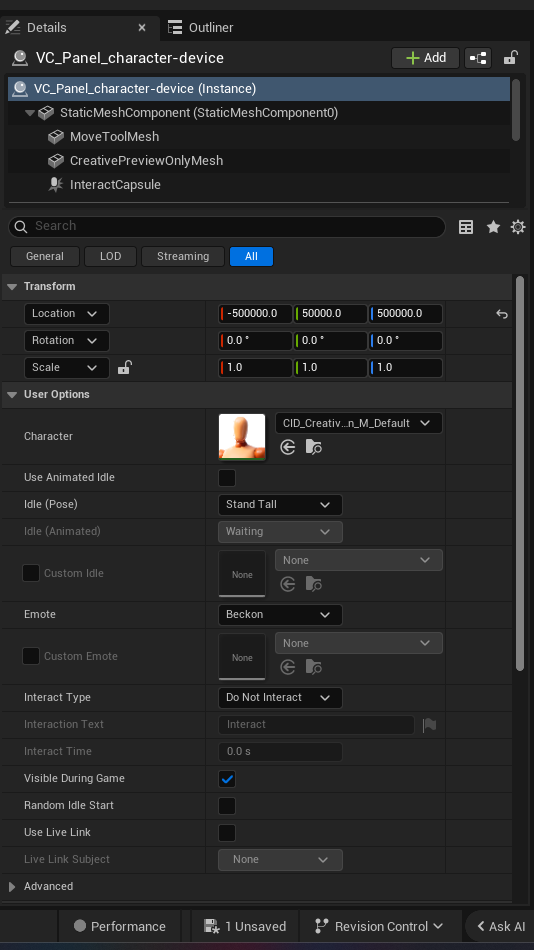 Character Device settings and options panel in the UEFN editor — Character, Use Animated Idle, Idlle Pose, Idle Animated, Custom Idle, Emote, Custom Emote, Interact Type, Interaction Text, Interact Time, Visible During Game, Random Idle Start, Use Live Link, Live Link Subject