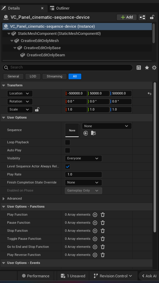 Cinematic Sequence Device settings and options panel in the UEFN editor — Sequence, Loop Playback, Auto Play, Visibility, Level Sequence Actor Always Rel.., Play Rate, Finish Completion State Override, Enabled on Phase
