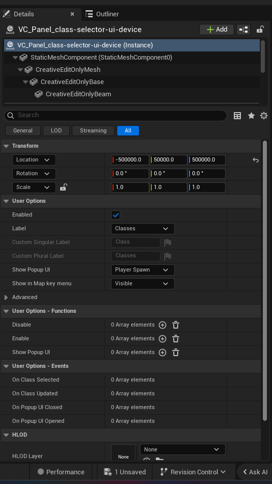 Class Selector Ui Device settings and options panel in the UEFN editor — Enabled, Label, Custom Singular Label, Custom Plural Label, Show Popup UI, Show in Map key menu