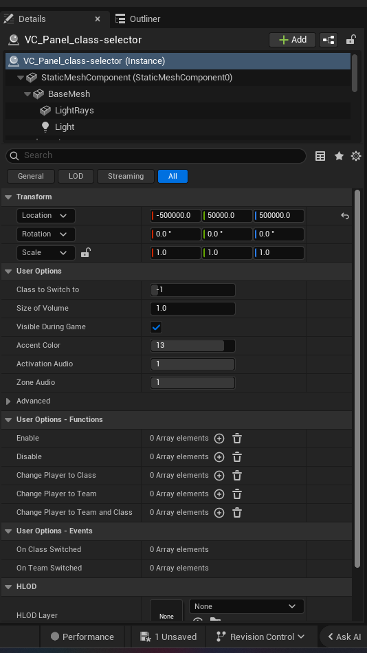 Creature Spawner Device settings and options panel in the UEFN editor — Class to Switch to, Size of Volume, Visible During Game, Accent Color, Activation Audio, Zone Audio