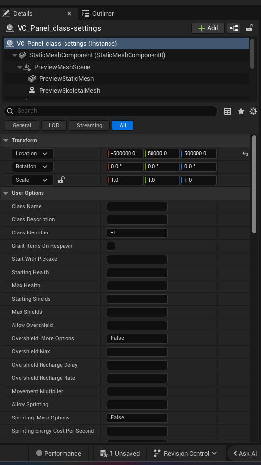 Class Designer Device settings and options panel in the UEFN editor — Class Name, Class Description, Class Identifier, Grant Items On Respawn, Start With Pickaxe, Starting Health, Max Health, Starting Shields, Max Shields, Allow Overshield, Overshield: More Options, Overshield Max, Overshield Recharge Delay, Overshield Recharge Rate, Movement Multiplier, Allow Sprinting, Sprinting: More Options, Sprinting Energy Cost Per Second, Performance