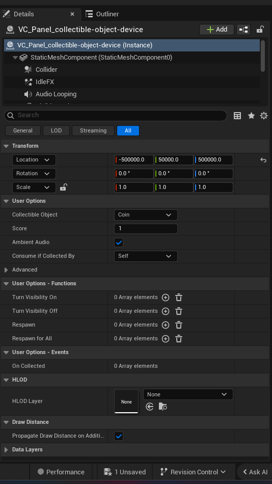 Collectible Object Device settings and options panel in the UEFN editor — Collectible Object, Score, Ambient Audio, Consume if Collected By
