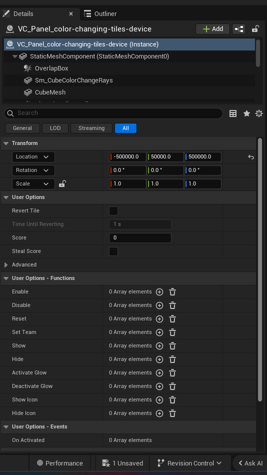 Color Changing Tiles Device settings and options panel in the UEFN editor — Revert Tile, Time Until Reverting, Score, Steal Score
