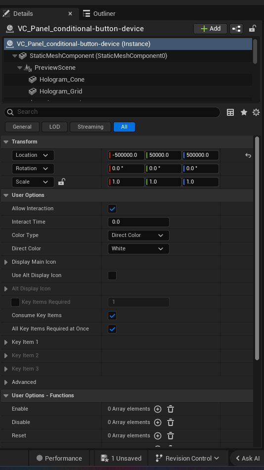 Conditional Button Device settings and options panel in the UEFN editor — Allow Interaction, Interact Time, Color Type, Direct Color, Display Main Icon, Use Alt Display lcon, Alt Display lcon, Key Items Required, Consume Key Items, All Key Items Required at Once, Key Item 1, Key Item 2, Key Item 3