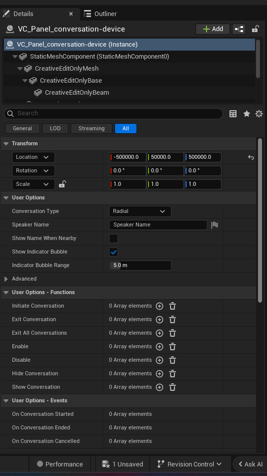 Conversation Device settings and options panel in the UEFN editor — Conversation Type, Speaker Name, Show Name When Nearby, Show Indicator Bubble, Indicator Bubble Range