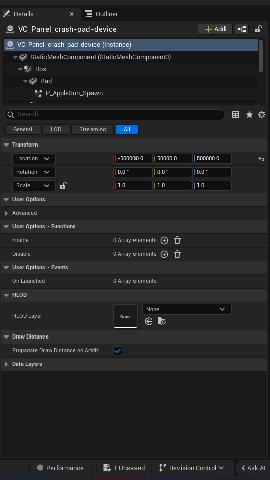 Crash Pad Device settings and options panel in the UEFN editor