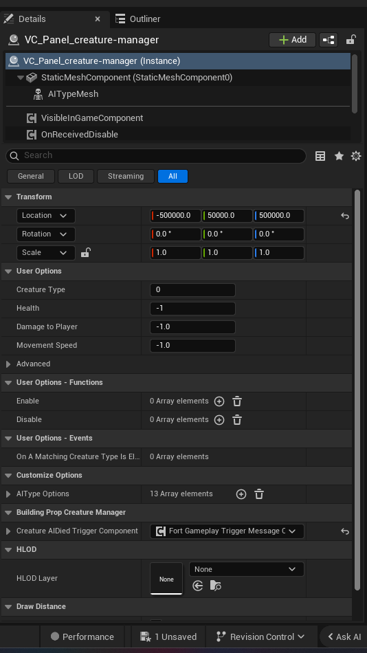 Creature Manager Device settings and options panel in the UEFN editor — Creature Type, Health, Damage to Player, Movement Speed