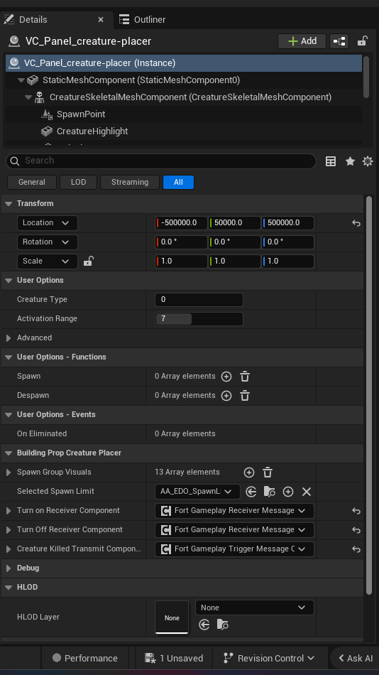 Creature Placer Device settings and options panel in the UEFN editor — Creature Type, Activation Range, Operat Summ
