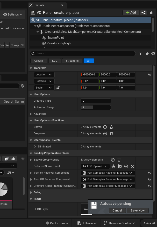 Creature Placer Device settings and options panel in the UEFN editor — Creature Type, Activation Range, Operat Summ