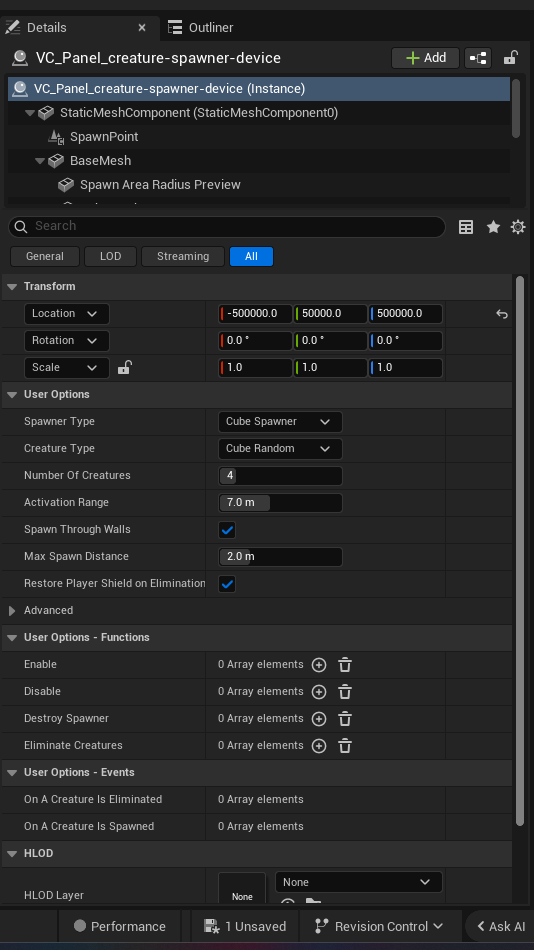 Creature Spawner Device settings and options panel in the UEFN editor — Spawner Type, Creature Type, Number Of Creatures, Activation Range, Spawn Through Walls, Max Spawn Distance, Restore Player Shield on Elimination