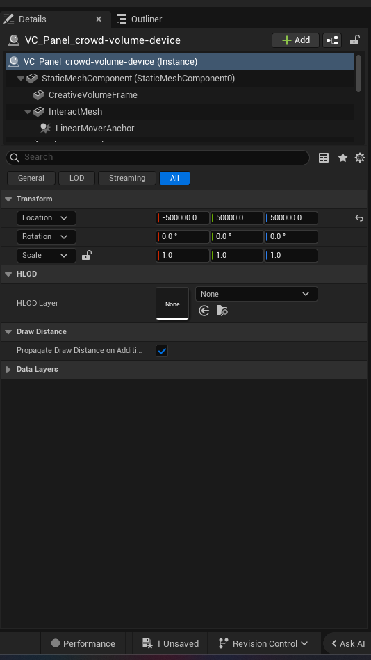 Crowd Volume Device settings and options panel in the UEFN editor — Crowd Density, Character Alignment, Zone Width, Zone Depth, Zone Height, Enabled During Phase