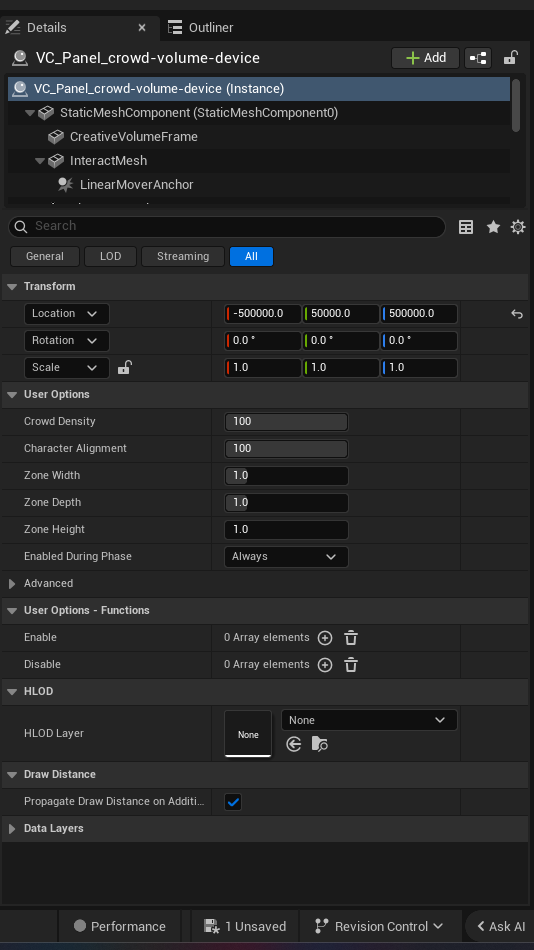 Crowd Volume Device settings and options panel in the UEFN editor — Crowd Density, Character Alignment, Zone Width, Zone Depth, Zone Height, Enabled During Phase