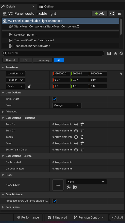 Customizable Light Device settings and options panel in the UEFN editor — Initial State, Color