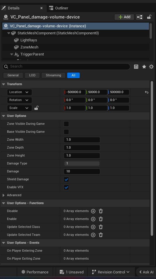 Damage Volume Device settings and options panel in the UEFN editor — Zone Visible During Game, Base Visible During Game, Zone Width, Zone Depth, Zone Height, Damage Type, Damage, Shield Damage, Enable VFX