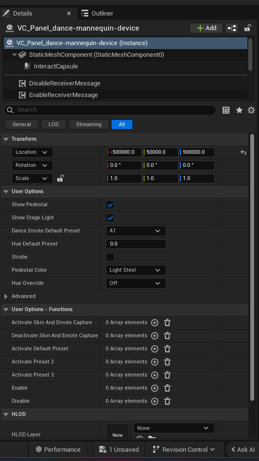 Dance Mannequin Device settings and options panel in the UEFN editor — Show Pedestal, Show Stage Light, Dance Emote Default Preset, Hue Default Preset, Strobe, Pedestal Color, Hue Override