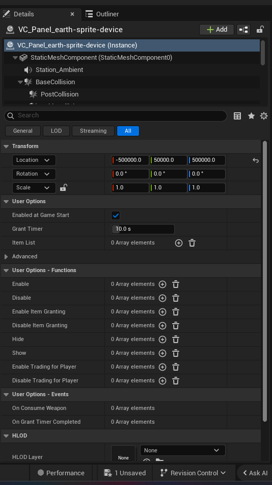 Earth Sprite Device settings and options panel in the UEFN editor — Enabled at Game Start, Grant Timer, Item List
