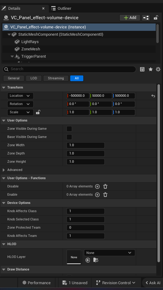 Effect Volume Device settings and options panel in the UEFN editor — Zone Visible During Game, Base Visible During Game, Zone Width, Zone Depth, Zone Height