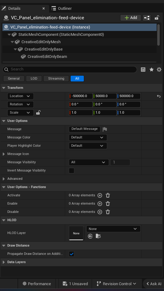 Elimination Feed Device settings and options panel in the UEFN editor — Message, Message Color, Player Highlight Color, Message Icon, Message Visibility, Invert Message Visibility