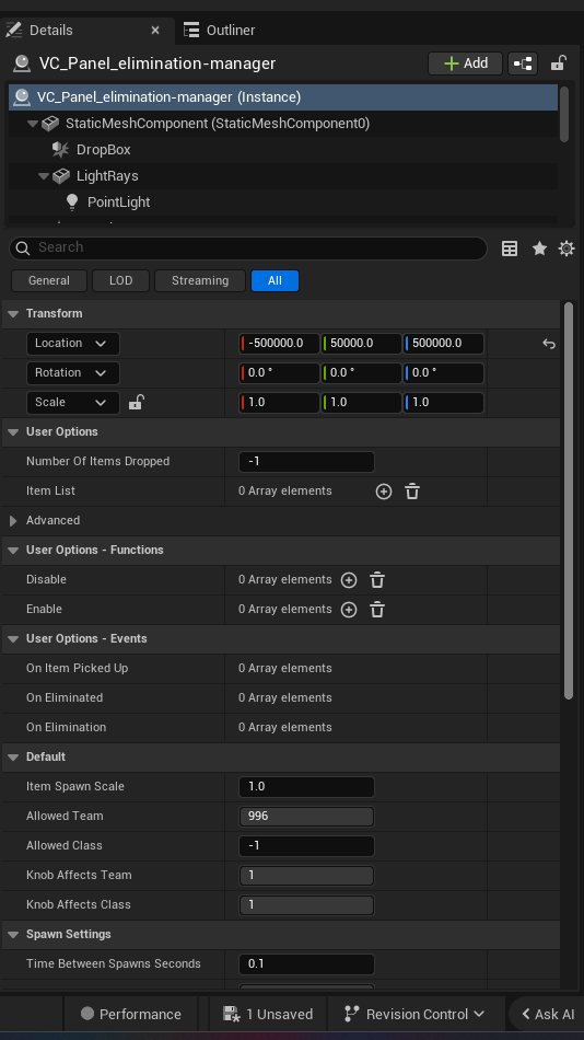 Elimination Manager Device settings and options panel in the UEFN editor — Number Of Items Dropped, Item List