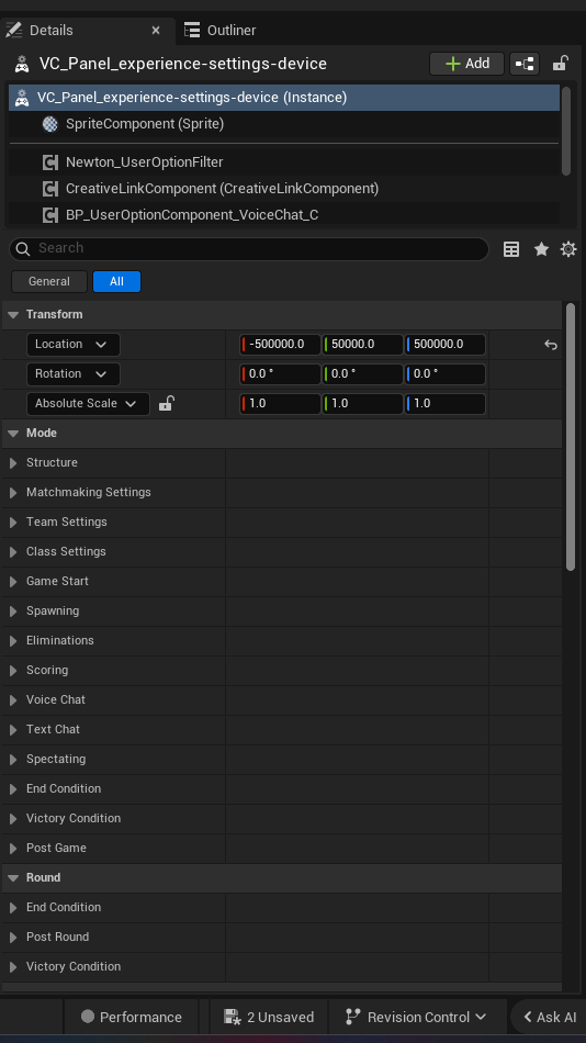 Experience Settings Device settings and options panel in the UEFN editor