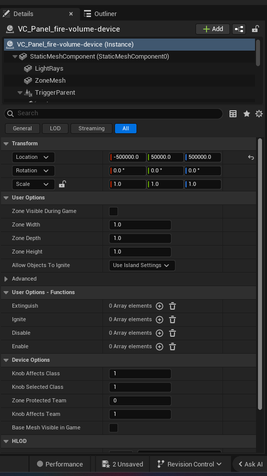 Fire Volume Device settings and options panel in the UEFN editor — Zone Visible During Game, Zone Width, Zone Depth, Zone Height, Allow Objects To lgnite