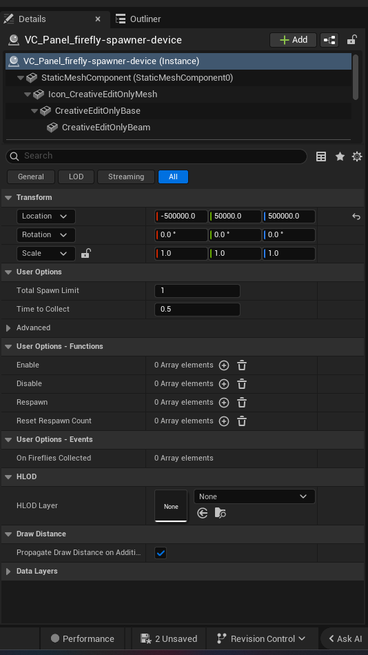Firefly Spawner Device settings and options panel in the UEFN editor — Total Spawn Limit, Time to Collect